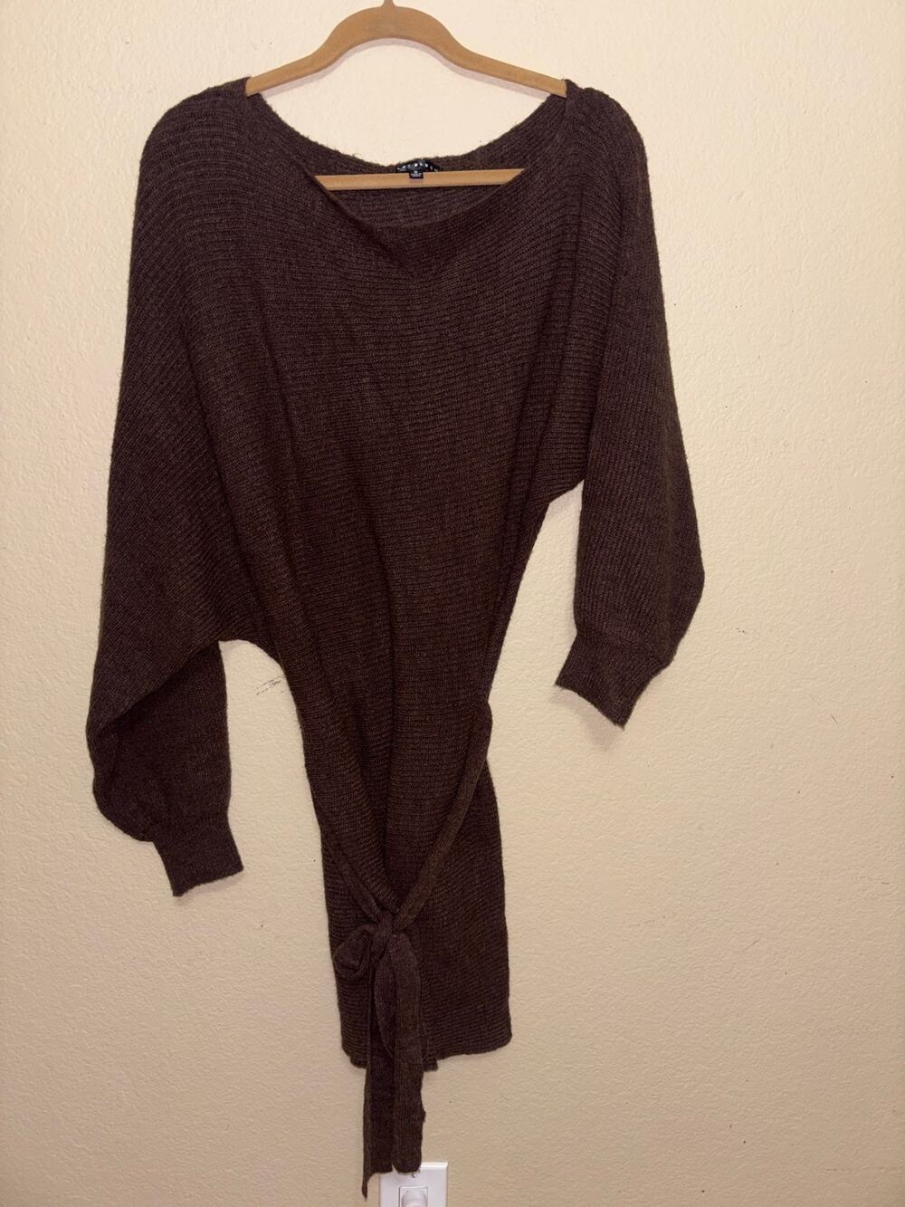 Blue Blush Brown Batwing Sweater Dress Tie Waist Knit Mini Dress Size Small